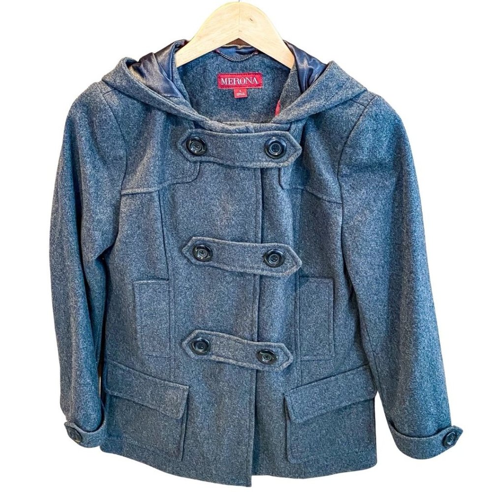 Merona Gray Womens Double Breasted Hooded Wool Pea Coat Size Small